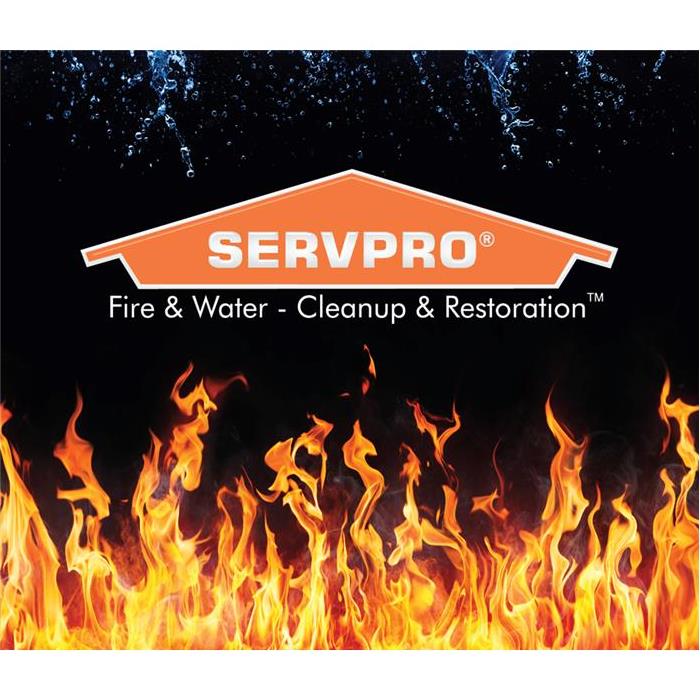 Servpro Logo displayed above flames on a black background