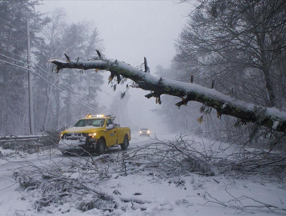 Yellow truck stopped in the middle of the road blocked by snow, fallen tree and debris from a nor'easter storm