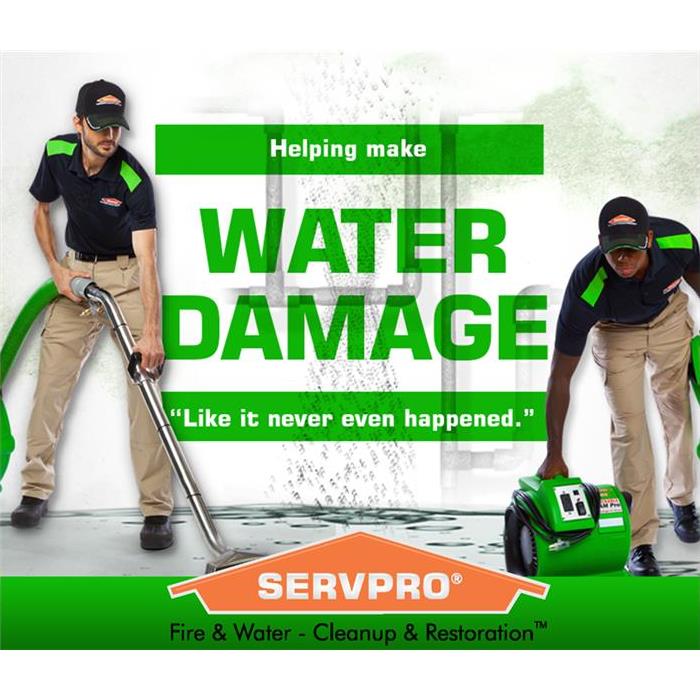 2 Servpro Specialist suctioning water and placing air movers on a flooded surface
