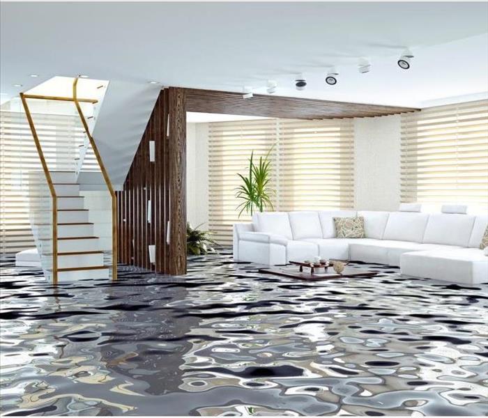 Elegant Living Room Flooded with Stairs and Couches partially Submerged 